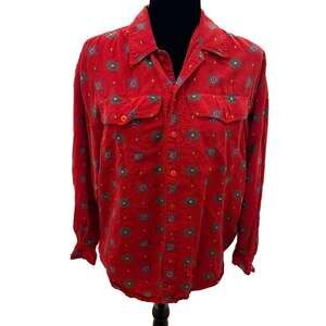Vintage Lizwear Liz Claiborne Red Geometric Print Rayon Button Down Shirt